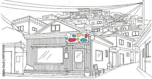 A whimsical sketch of a colorful sign hanging over a welcoming shop