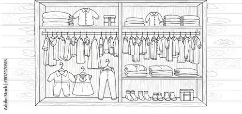 A wooden closet filled with neatly organized folded and hanging clothes