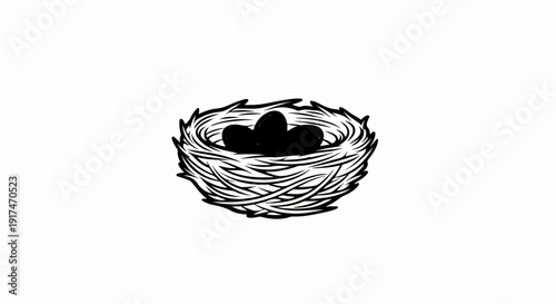 A stylized black and white drawing of a bird's nest with three dark eggs