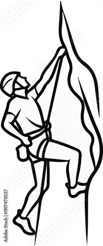 A stylized line drawing depicts a lone climber ascending a sheer rock face