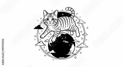 A whimsical tabby cat gracefully leaps over the Earth amidst clouds and stars