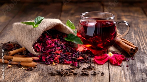 dried hibiscus flowers (Hibiscus sabdariffa) and petals on a rustic wooden table