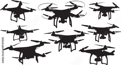 Silhouette of multiple drones flying in various directions together
