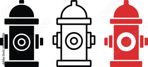 Three different styles of fire hydrant icons including solid black, outline, and red versions. Vector