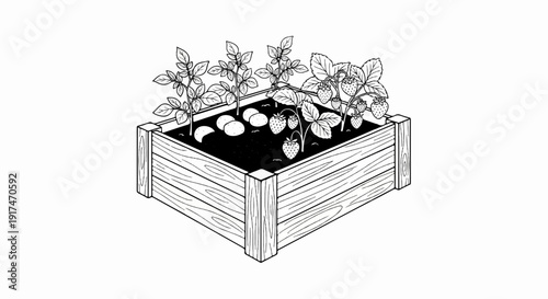 A wooden raised garden bed with thriving strawberry and potato plants