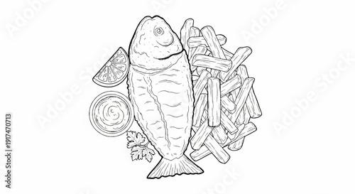 A stylized black and white drawing of a fish with chips, lemon, and dip