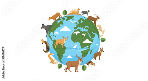 A colorful illustration of various wild animals encircling a globe on World Wildlife Day with a vibrant design and icon-style graphics.