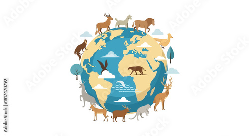 Vector illustration of various wild animals surrounding the Earth on World Wildlife Day with a colorful design, icon-style graphics and a mix of forest and marine creatures.