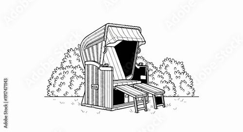 A woven beach chair with striped awning sits amidst foliage