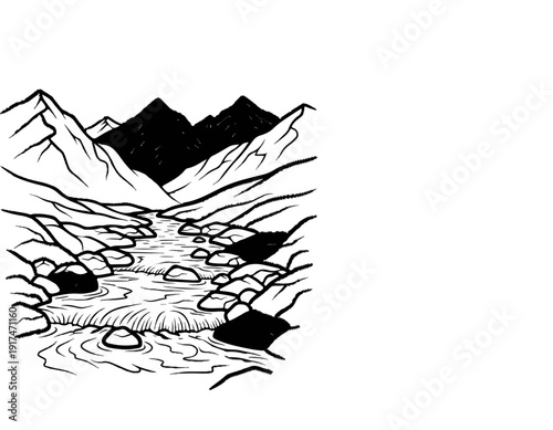 A stylized black and white drawing of a mountain stream flowing through a rocky gorge