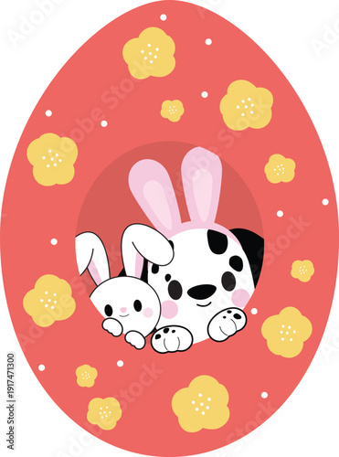 Sweet Easter Puppy and Bunny Peeking from an Egg