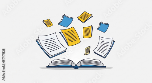 Colorful illustration of an open book with pages and documents flying out in various directions