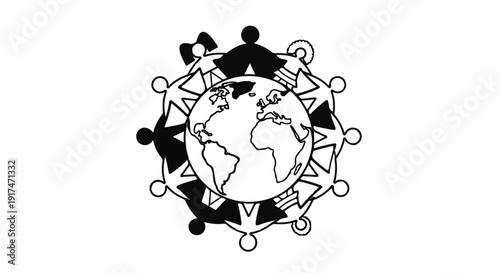 Abstract global unity symbol with people holding hands around planet