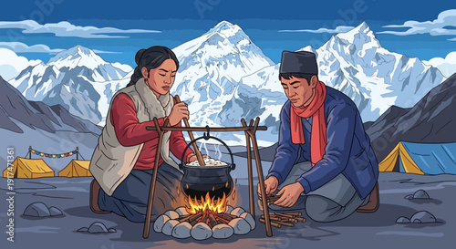 Nepali couple cooking traditional meal in mountains, Everest base camp trekking adventure, Himalayan landscape background, cultural experience in Nepal, trekking in Nepal.