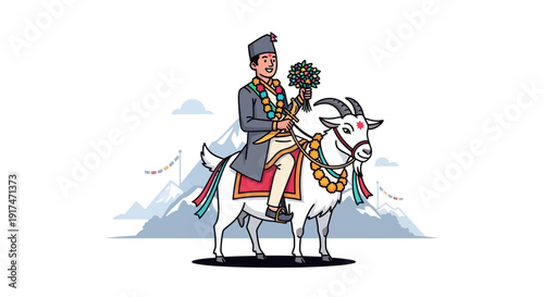 Traditional Nepali groom riding a white goat with colorful decorations, set against a majestic mountain backdrop, symbolizing cultural heritage and celebration - a unique and vibrant stock