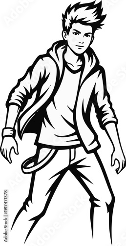 A stylized black and white drawing of a young person with spiky hair