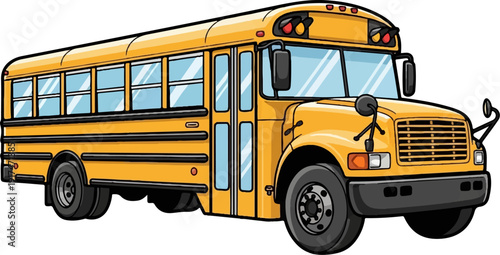 A yellow school bus with tinted windows and black trim