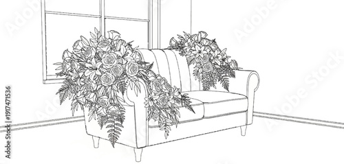 An ornate floral arrangement drapes over a tufted sofa near a window