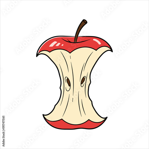 A colorful cartoon illustration depicts a partially eaten red apple with a visible core high-quality