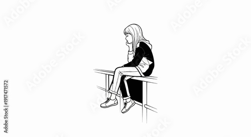 A young person with long hair sits contemplatively on a railing
