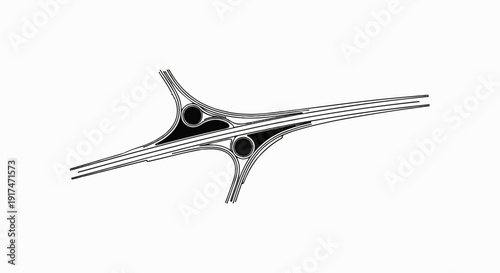 A stylized, black and white graphic representation of a complex road interchange