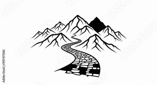 A winding cobblestone path ascends through rugged mountains in black and white