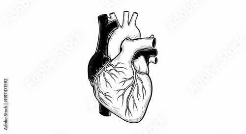 Anatomical illustration of a human heart with black and white contrast