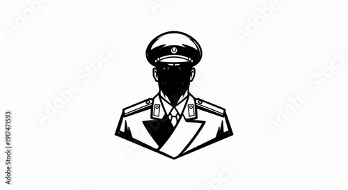 A stylized black and white illustration depicts a uniformed person's upper body