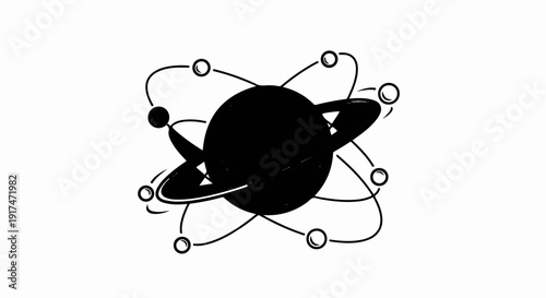 Abstract atomic model with orbiting electrons, black and white graphic