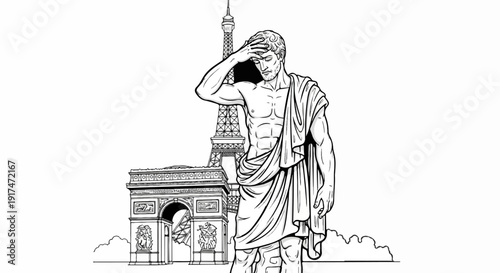 Ancient Roman statue stands before Parisian landmarks, holding forehead