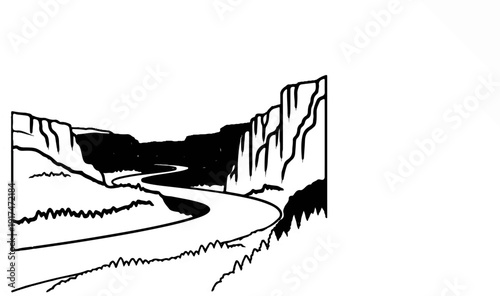 A winding river cuts through a canyon with steep, textured walls