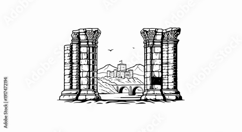 Ancient ruins frame a castle on a hill above a bridge