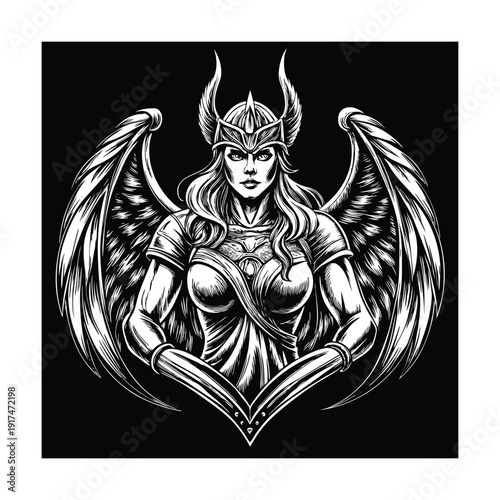 Black and white valkyrie mythological warrior antique sketch vector illustration.