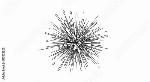 Abstract black and white explosion of lines and teardrop shapes radiating outwards