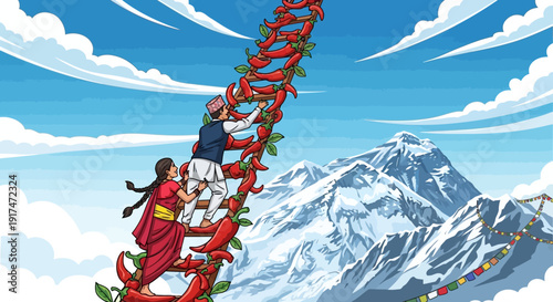 Vibrant Nepalese couple climbing a chili pepper ladder with majestic snow-capped mountains in the background, representing Nepali culture and food, a unique and colorful illustration.