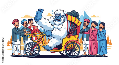 A giant blue gorilla riding a traditional Nepali rickshaw with laughing people in colorful clothing, surrounded by mountains and trees, in a vibrant illustration.