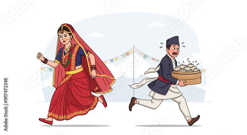 Traditional Nepali couple running together, woman in red sari and man in daura suruwal with a basket of food, celebrating a festive occasion with cultural attire and joyful atmosphere, Nepal wedding