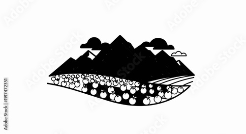 Abstract landscape with black mountains, clouds, and a field of fruit