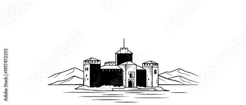 Ancient stone fortress stands by the water, with mountains in the background