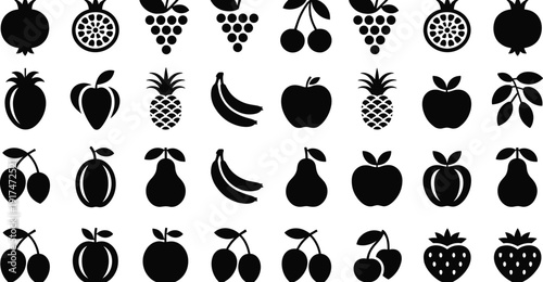 Fruit silhouette icons collection, tropical and orchard produce graphic set, healthy food motif design, botanical illustration art, nutrition concept symbol