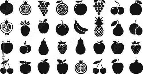 Fruit silhouette icons collection, tropical and orchard produce illustration, healthy food graphic set, botanical motif design, nutrition concept art, decorative symbol