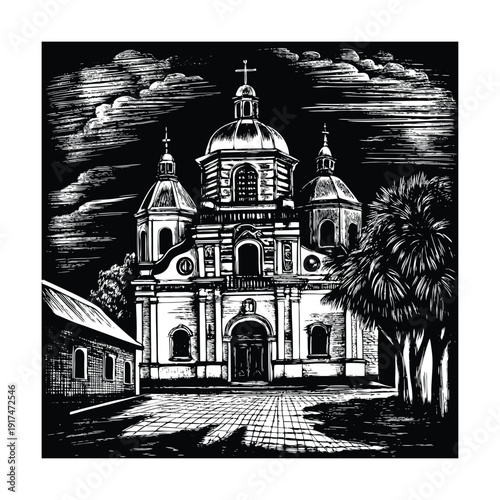 Drawing sketch of iglesia de nuestra senora historic church vintage vector illustration.