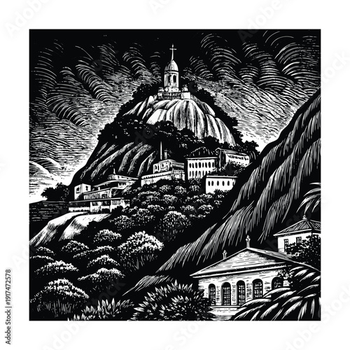 Drawing sketch of santa lucia hill historic landmark vintage vector illustration.