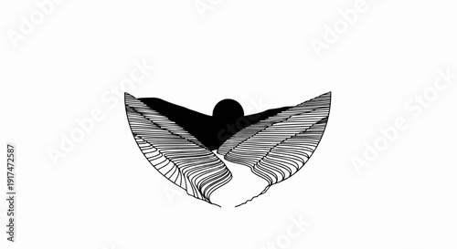 Abstract black and white graphic of spreading wings or petals with central circle