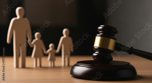 Family law and justice concept with wooden figures and gavel