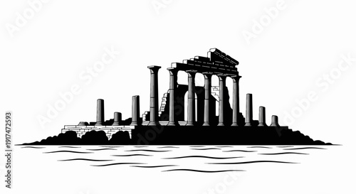 Ancient stone ruins with columns stand against water