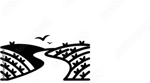 A stylized black and white landscape with rolling hills, a winding path, and two birds