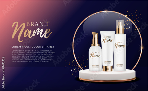 3D Realistic Natural beauty cosmetic product for face or body care on glossy bokeh background. Design Template of Fashion Cosmetics Product for Ads, flyer or Magazine Background. Vector Illustration