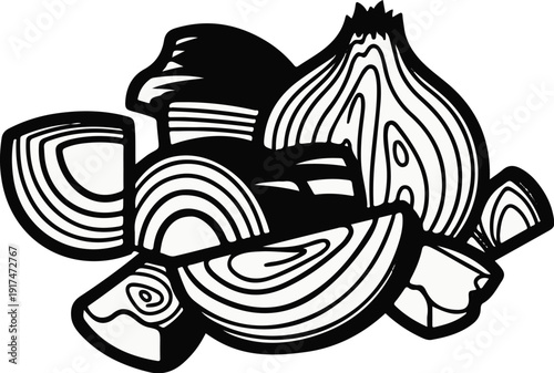 Abstract linework illustration of sliced and whole onions in black and white