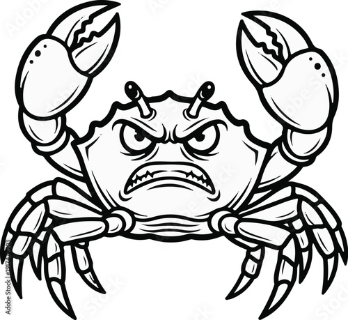 Angry crab with raised claws and menacing expression, cartoon style